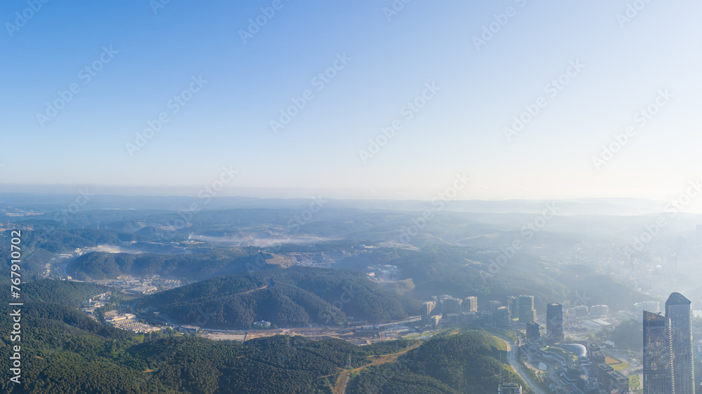 Istanbul, Turkey. Panorama of the city in the morning. Residential areas. Parks. Aerial view