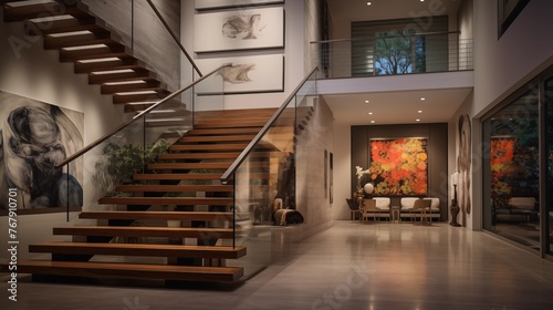 Art gallery-inspired home foyer with floating staircase and illuminated display walls