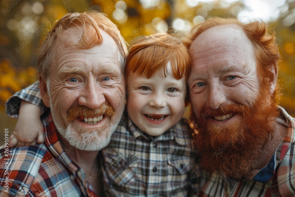 Portrait of two smiling grandfathers and their red-haired grandson Portrait of two smiling grandfathers and their red-haired grandson