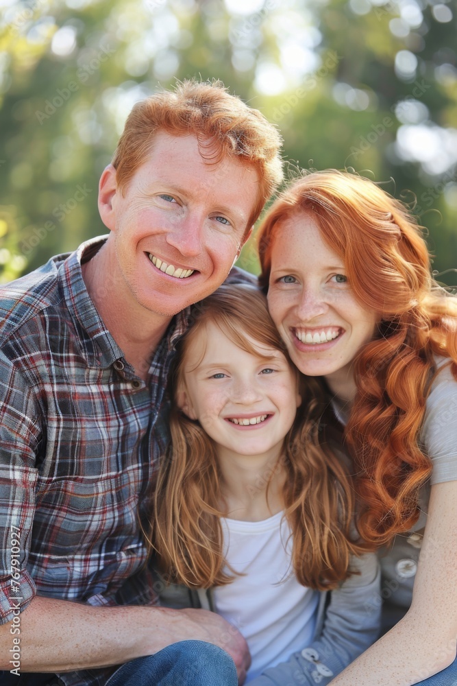 Portrait of a smiling redhead family in nature Portrait of a smiling redhead family in nature