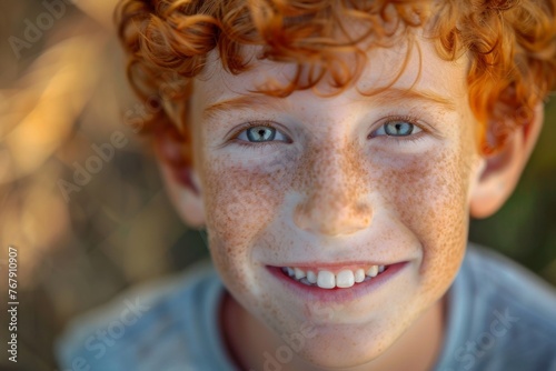 Closeup of a smiling redhead boy