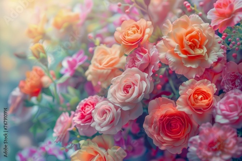 Radiant Spring Floral Backdrop with Blooming Pink and Orange Roses in Soft Focus, Dreamy Garden Natural Background for Design and Creativity © pisan