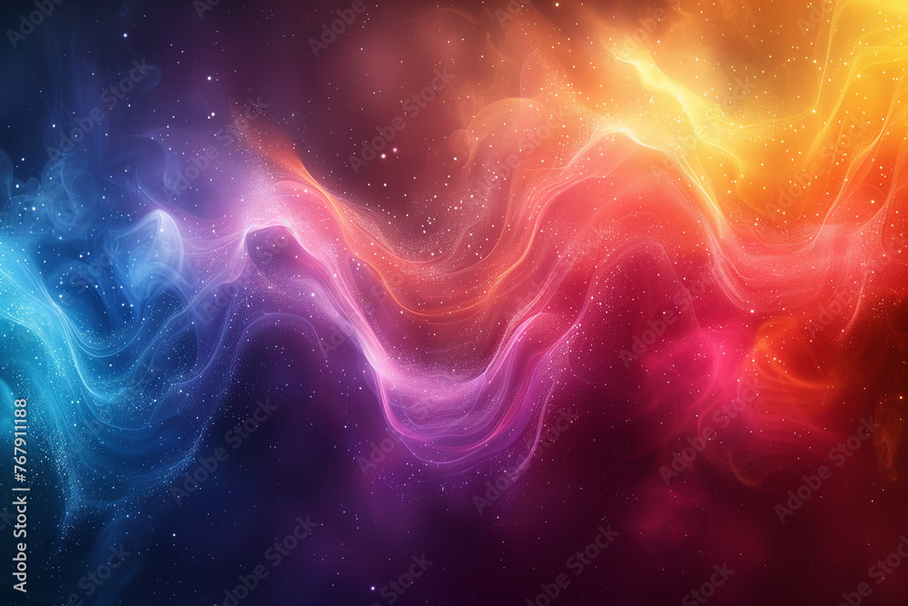 Digital art composition on an abstract background with swirling waves of red and yellow, reminiscent of flowing fabric.