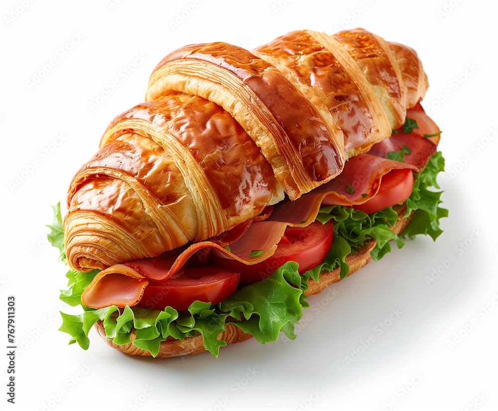 A close-up view of a delicious croissant sandwich against a crisp white background A close-up view of a delicious croissant sandwich against a crisp white background