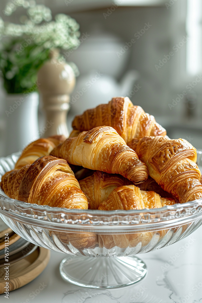A tempting pile of croissants sits in a glass bowl on a table A tempting pile of croissants sits in a glass bowl on a table
