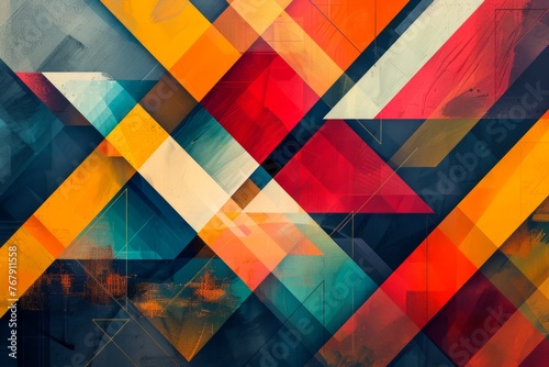 Abstract Geometric Mural with Colorful Triangles and Overlapping Layers Background