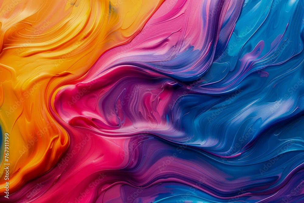 Vivid Abstract Swirls of Blue, Pink, Purple, and Yellow in Colorful, Artistic Acrylic Paint Wave Patterns for Creative Backgrounds