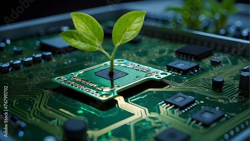 A little plant on a circuit board that combines technology with a sustainable idea. Producing ai