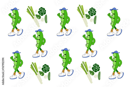 Vector cartoon green bean and vector vegetables, vector green pattern on a white background, doodle beans