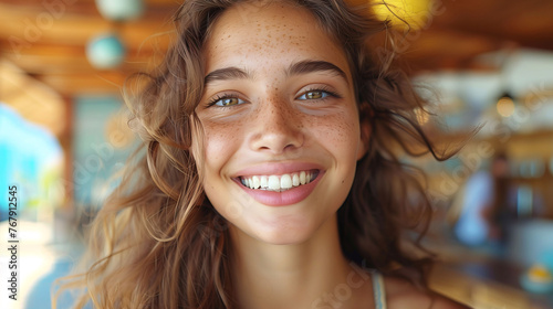 Portrait of a cheerful young woman with curly hair smiling indoors with soft background.