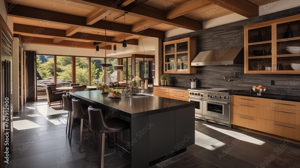 Contemporary chef's kitchen showcasing soapstone counters, sleek wood cabinetry, and ceiling beams