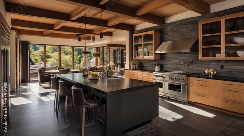 Contemporary chef s kitchen showcasing soapstone counters  sleek wood cabinetry  and ceiling beams