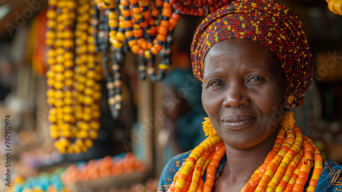 Against the backdrop of a bustling African market, an African woman sells her handmade crafts with pride and determination, her entrepreneurial spirit shining brightly as she engag