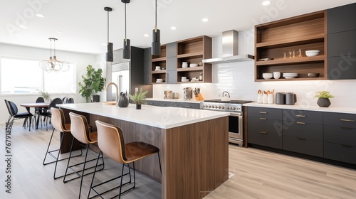 Contemporary kitchen with flat-front charcoal gray Shaker cabinets