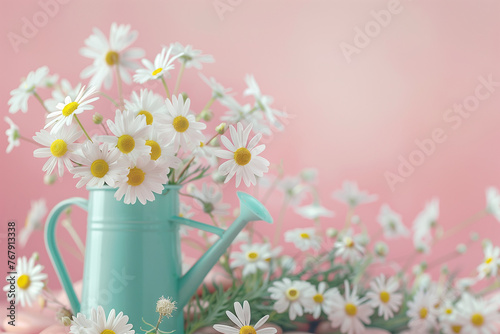 White flowers in turquoise blue watering can on pink background. Generative AI.