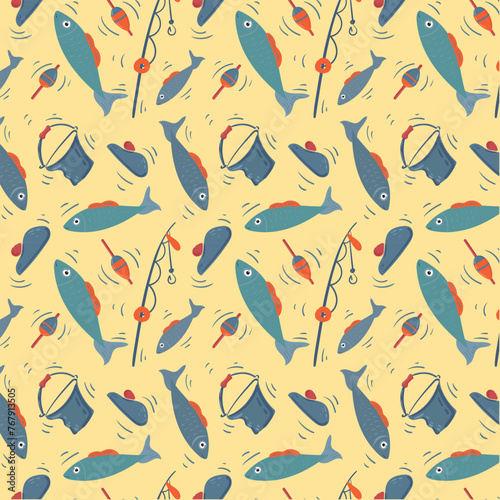 Fisherman's pattern with fishing elements. Seamless pattern with fish, fishing rod, float, beret and fishing bucket. Pattern for fabric, baby clothes, background, textile, wrapping paper. Vector image
