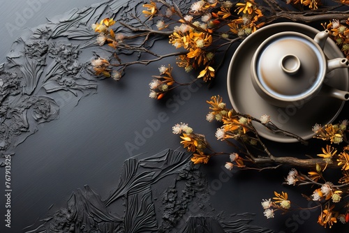 minimalistic design Aromatic pu-erh tea served on grey table, top view. Banner design with space for text