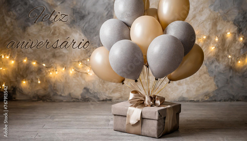 cartão ou banner para desejar feliz aniversário em marrom representado por um presente e balões cinza e bege sobre fundo cinza e bege em efeito aquarela photo
