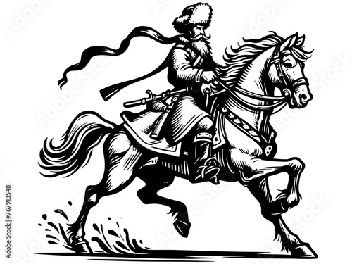 Military Cossack on a horse, a terrifying man. Sketch board imitation. Vector, generative ai. © toricheks