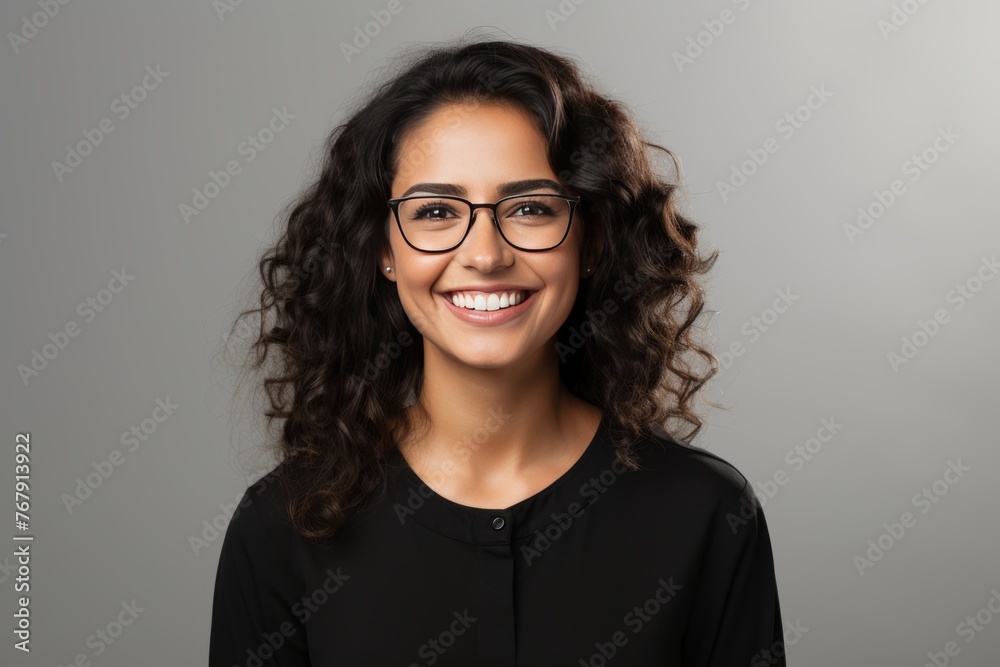 Attractive, happy and smiling young woman with black hair wearing glasses, isolated on a plain background