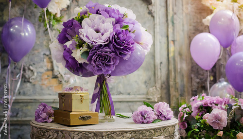 illustration sur un décor ancien avec un bouquet de fleurs mauve et violet posé sur une table et de chaque côté des ballons de même couleur