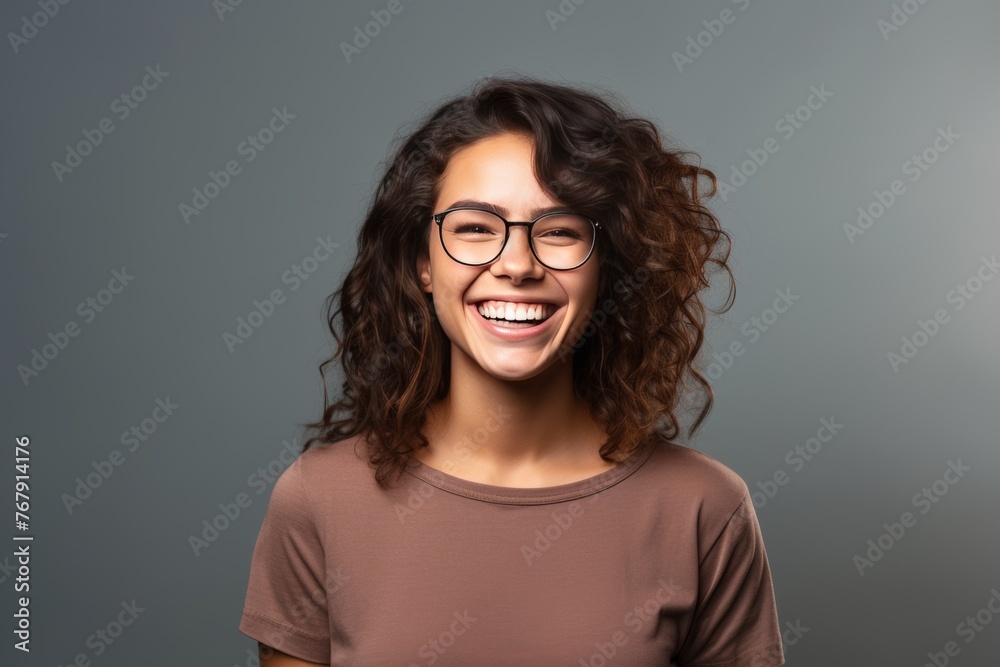 Attractive, happy and smiling young woman with brown hair wearing glasses, isolated on a plain background Attractive, happy and smiling young woman with brown hair wearing glasses, isolated on a plain background