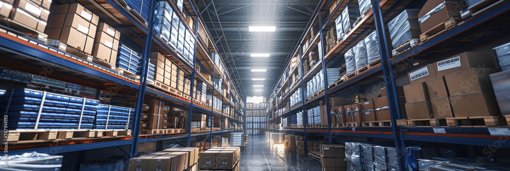 Obraz premium Warehouse industrial and logistics companies. Commercial warehouse. Huge distribution warehouse with high shelves., Distribution products,banner