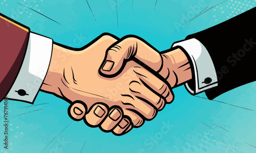 Two men shake hands in a cartoonish style