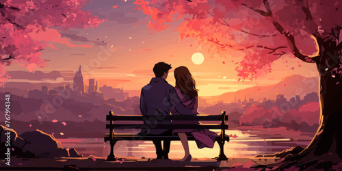 Couple sweet kissing siting on bench in park romantic scenery pastel vector illustration in concepts cute kawaii anime manga style photo