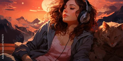 Lofi girl laying on the bed. Smooth atmosphere, hip hop. Soft colors, soft lights vector flat bright colors