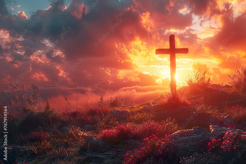 minimalistic design Christian cross on hill outdoors at sunrise. Resurrection of Jesus. Concept photo