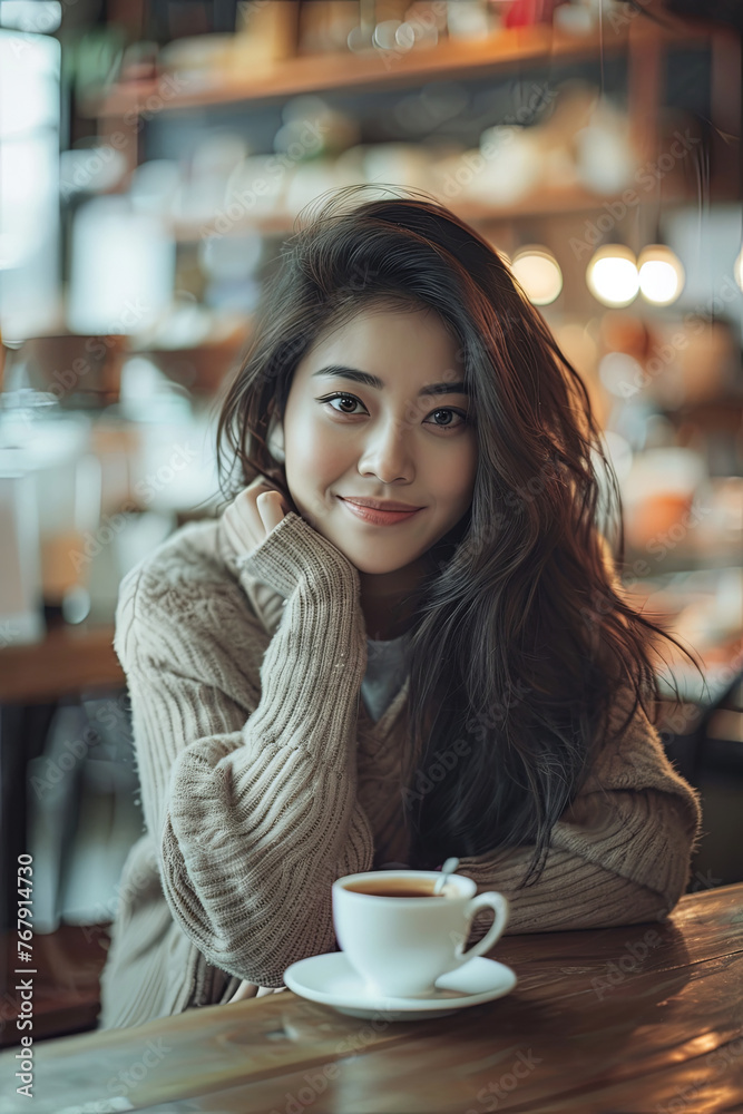 A beautiful woman enjoying coffee in a cozy restaurant A beautiful woman enjoying coffee in a cozy restaurant