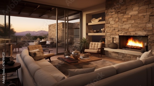 Desert contemporary living room with muted tones, stacked stone fireplace, and cozy textures © Aeman