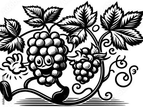 vintage line art Simple, funny cartoon animation grape vine with says hello. Vector, generative ai.