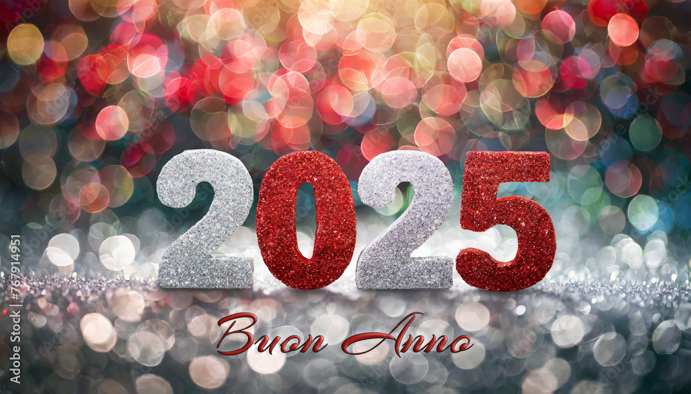 biglietto o banner per augurare un felice anno nuovo 2025 in rosso e argento su uno sfondo con cerchi con effetto bokeh di diversi colori - obrazy, fototapety, plakaty 