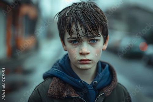 A young boy with a tearstreaked face stands alone on a desolate street his unkempt appearance reflecting hardship. Concept This passage fits the topic "Sad and Lonely Scenes,"