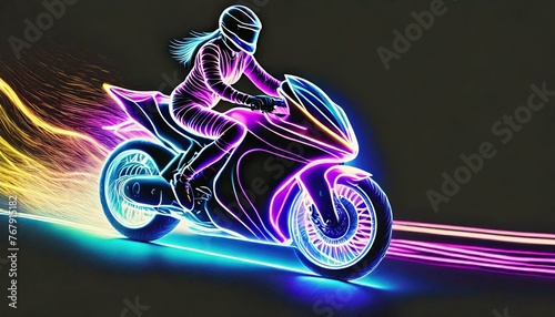 Neon drawing of a driver driving a sports motorcycle