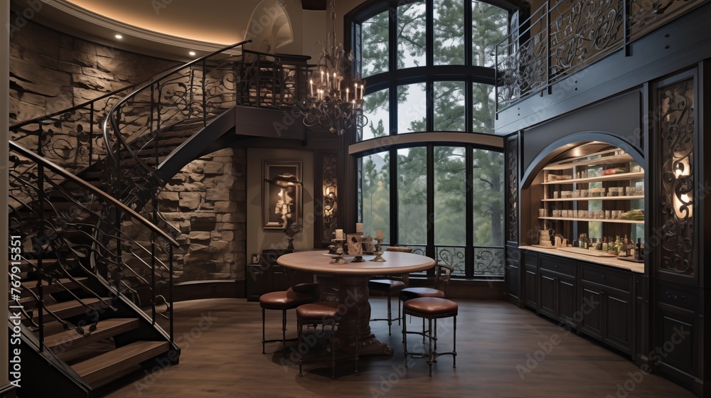 Obraz premium Dramatic two-story wine room with rolling laddder, wrought iron railings, and tasting bar