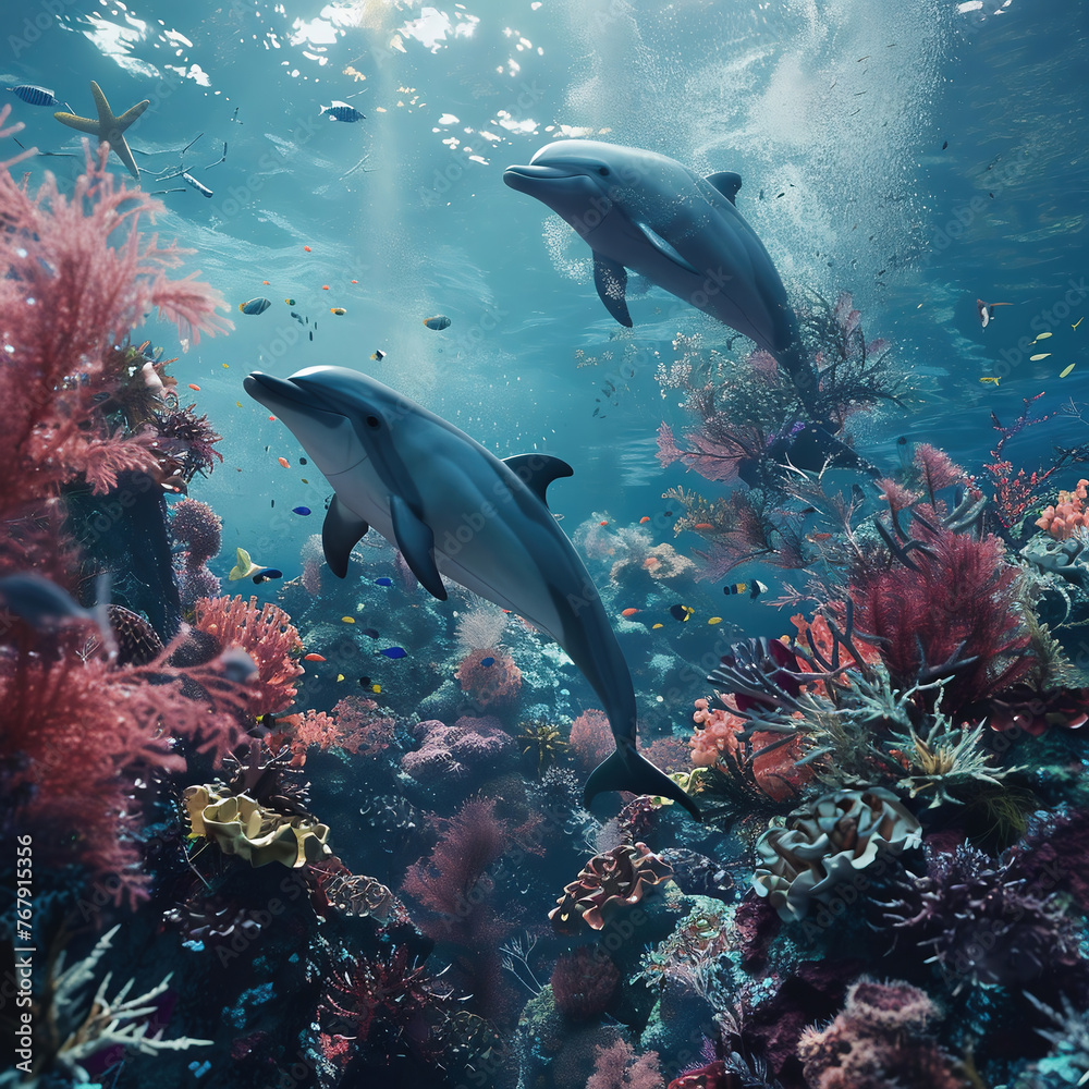 Obraz premium Dolphin in a coral reef with corals and fish