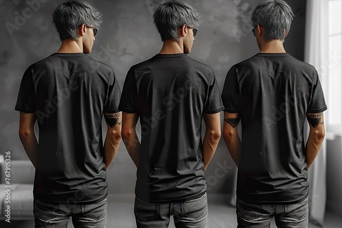Set of black tee t shirt round neck front, back and side view on transparent background cutout photo