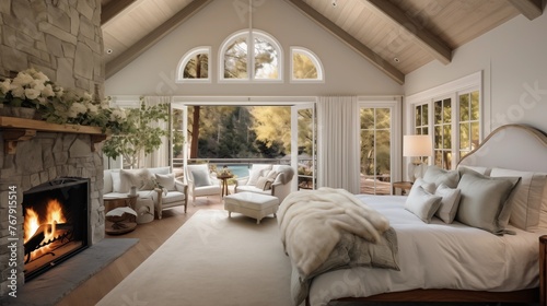 Dreamy bedroom retreat with vaulted ceilings, fireplace, and french doors to outdoor oasis