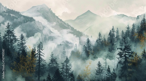 a captivating vintage landscape, misty autumn fir forest enveloped in fog, with rugged mountains and towering trees. Embrace hipster retro vibes