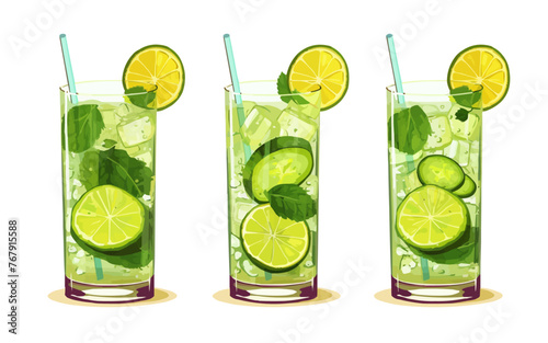 cold drink basil cucumber lime vector flat isolated illustration