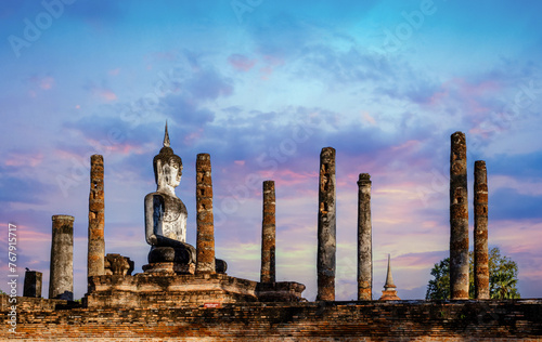 Wat Mahathat Sukhothai historical park at sunset, UNESCO site, World heritage site of Thailand. Travel destination of Thailand.