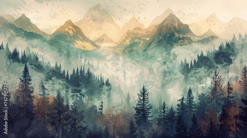 a captivating vintage landscape, misty autumn fir forest enveloped in fog, with rugged mountains and towering trees. Embrace hipster retro vibes