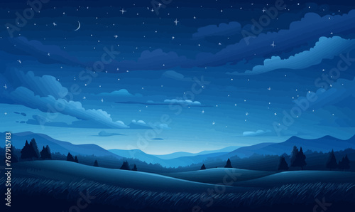 A starry night sky over a meadow vector simple 3d isolated illustration