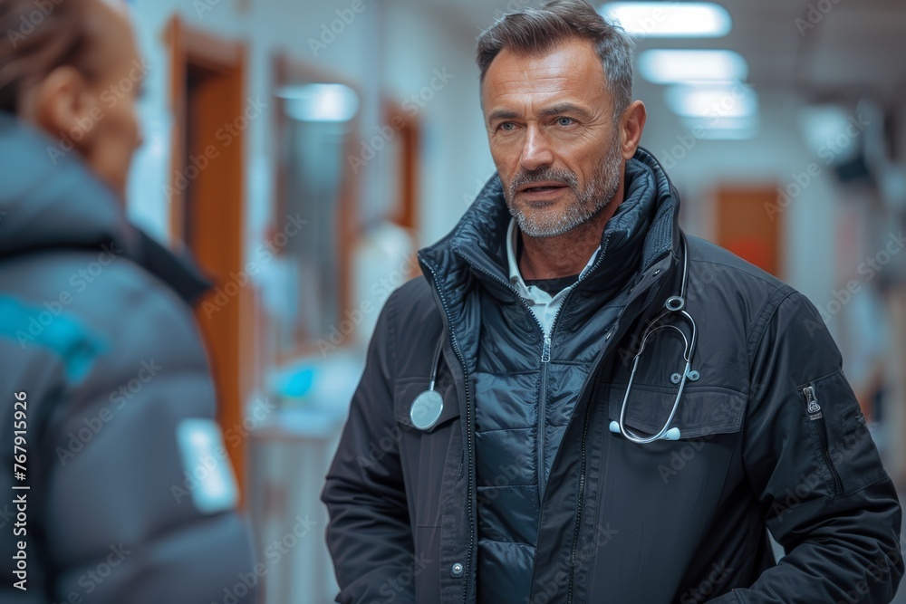 a smiling doctor with a stethoscope is standing next to his patient, in the style of cinematic storytelling a smiling doctor with a stethoscope is standing next to his patient, in the style of cinematic storytelling