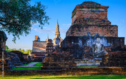 Wat Mahathat Sukhothai historical park at sunset, UNESCO site, World heritage site of Thailand. Travel destination of Thailand.