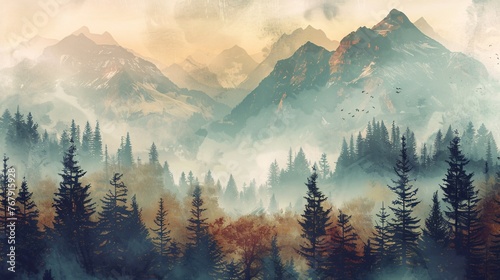 a captivating vintage landscape, misty autumn fir forest enveloped in fog, with rugged mountains and towering trees. Embrace hipster retro vibes
