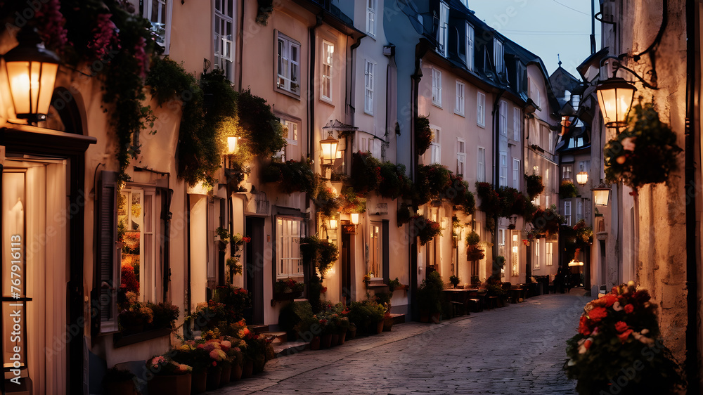 A charming cobblestone street in an old European town, lined with quaint cafes and flower-filled window boxes beneath the glow of street lamps